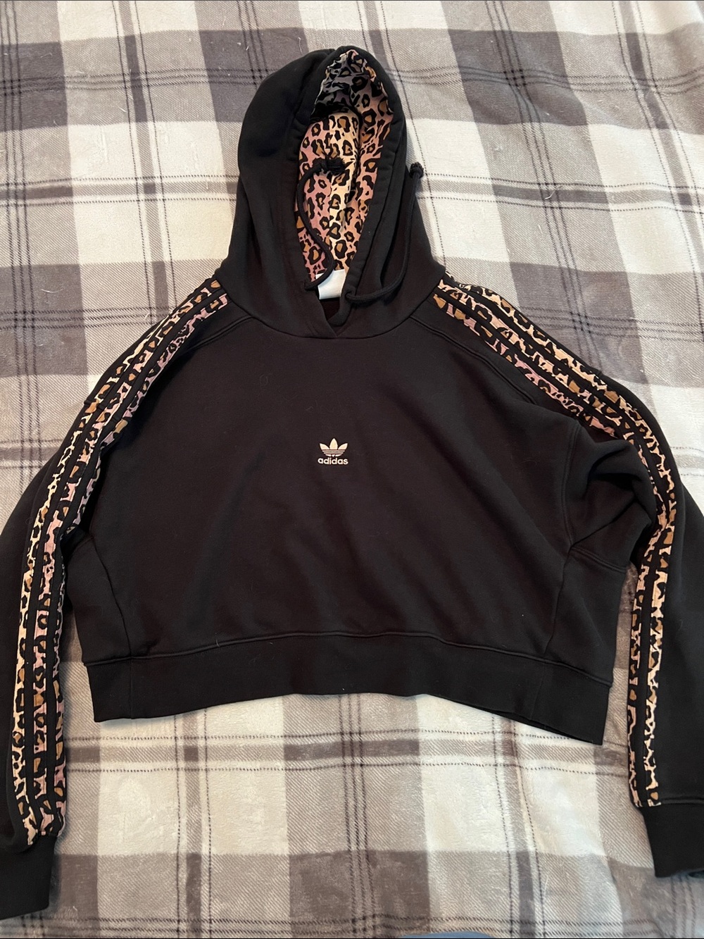 adidas Black Cropped Hoodie with Leopard-Print Trim